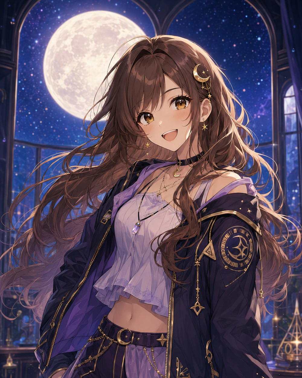 Luna Lyraveil smiling in her casual lilac moonlit outfit